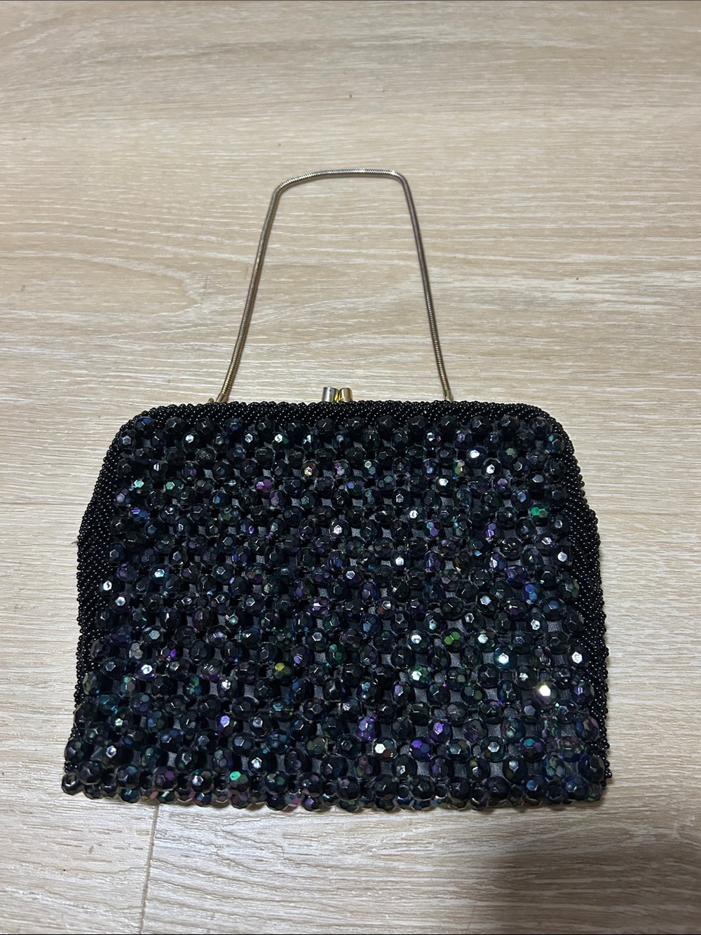 Black Jeweled Evening Clutch with Metallic Handle